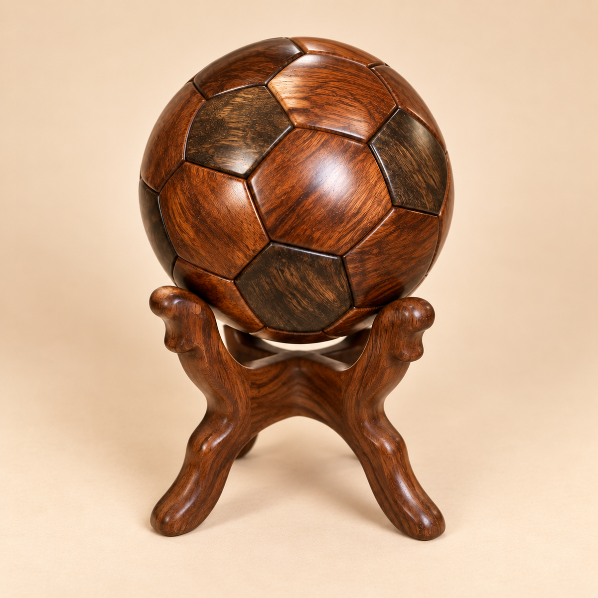 Handcrafted Wooden Soccer Ball Sculpture with Display Stand