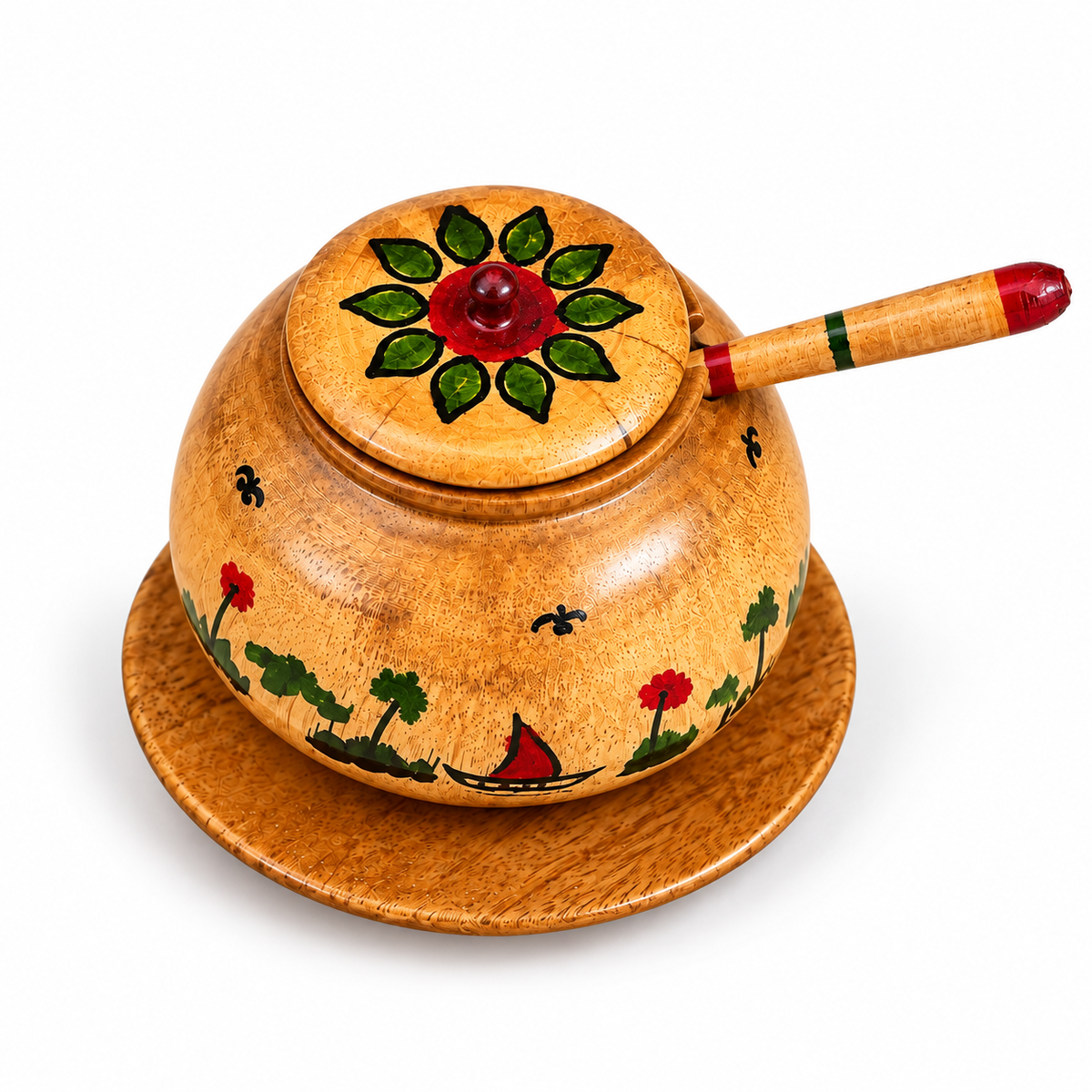 Hand-Painted Wooden Serving Pot with Lid, Ladle & Plate