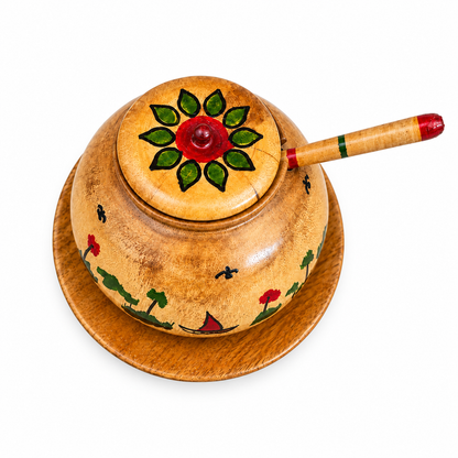 Hand-Painted Wooden Serving Pot with Lid, Ladle & Plate