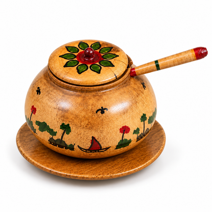 Hand-Painted Wooden Serving Pot with Lid, Ladle & Plate