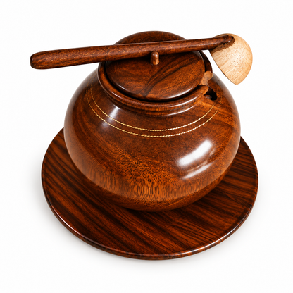 Handcrafted Dark Rosewood Serving Pot with Lid, Ladle & Base Plate