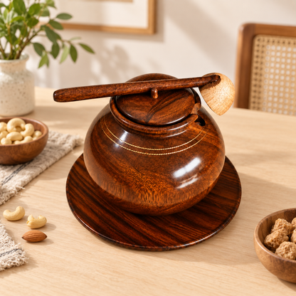 Handcrafted Dark Rosewood Serving Pot with Lid, Ladle & Base Plate