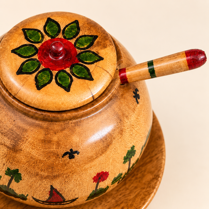 Hand-Painted Wooden Serving Pot with Lid, Ladle & Plate
