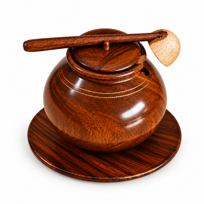 Handcrafted Dark Rosewood Serving Pot with Lid, Ladle & Base Plate