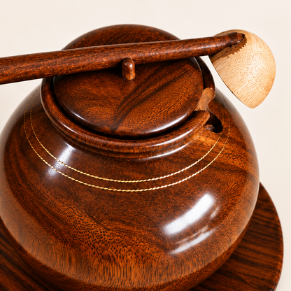 Handcrafted Dark Rosewood Serving Pot with Lid, Ladle & Base Plate