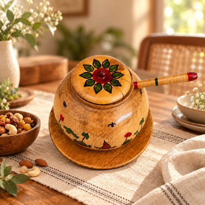 Hand-Painted Wooden Serving Pot with Lid, Ladle & Plate