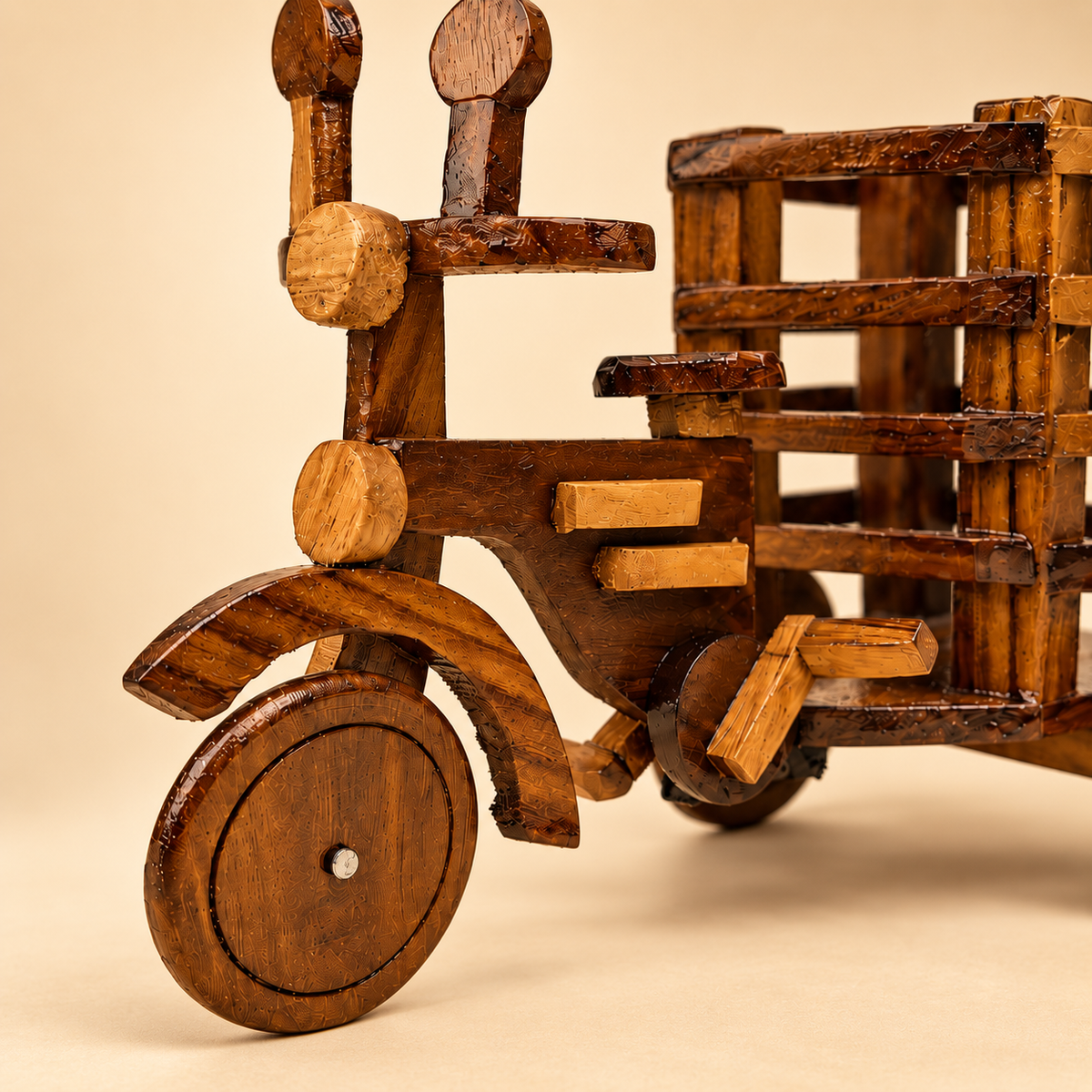 Handcrafted Wooden Cargo Rickshaw / Tricycle Model