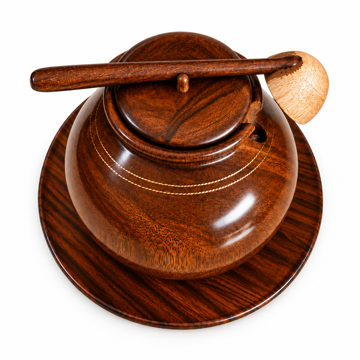 Handcrafted Dark Rosewood Serving Pot with Lid, Ladle & Base Plate