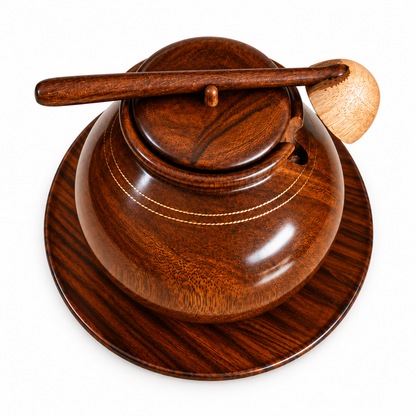Handcrafted Dark Rosewood Serving Pot with Lid, Ladle & Base Plate