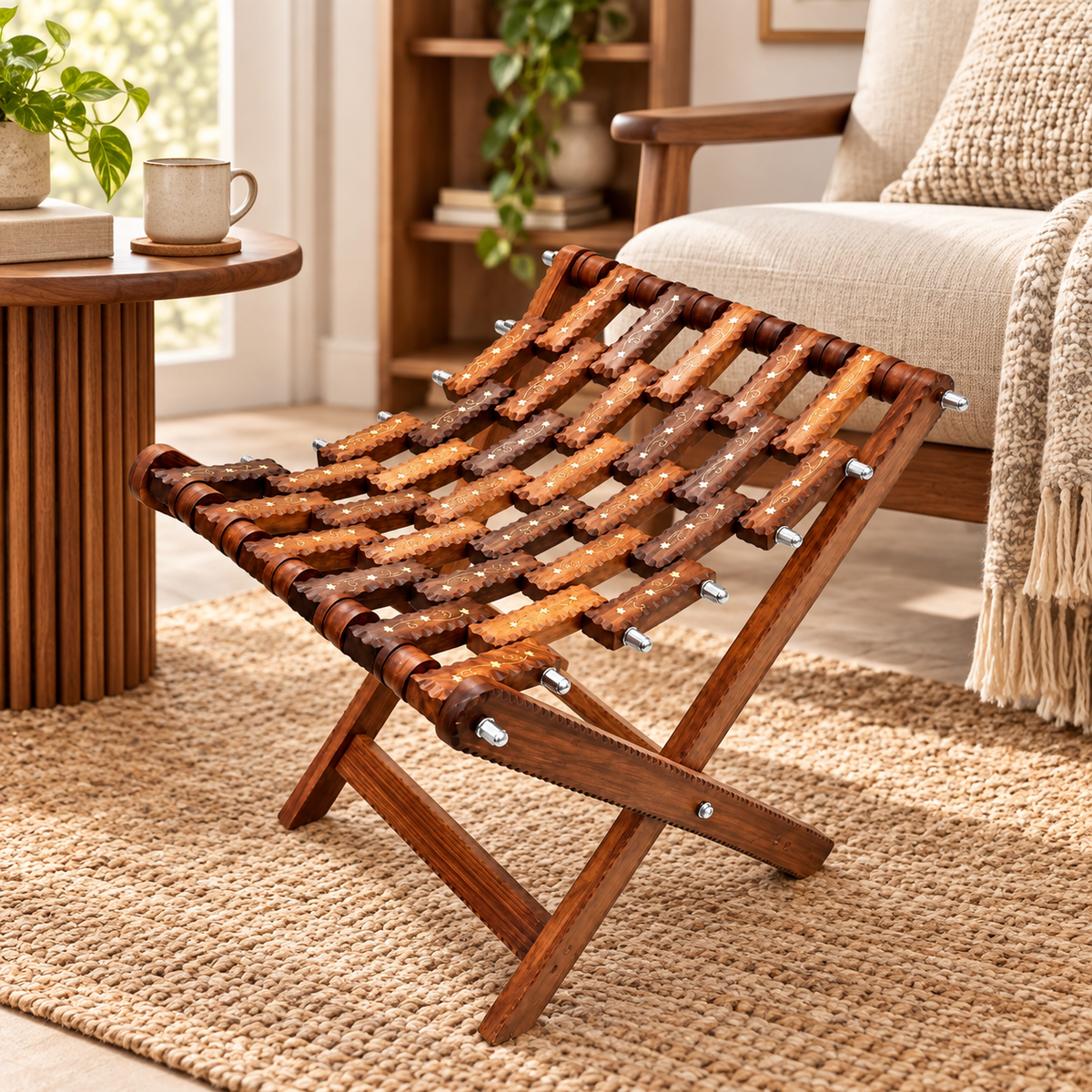 Foldable Handcrafted Wooden Lattice Stool / Footrest